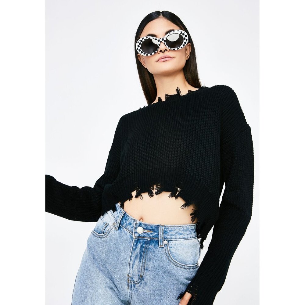 Commense Goth Grunge Distressed Black Knit Cropped Raw Hem‎ Long Sleeves Sweater